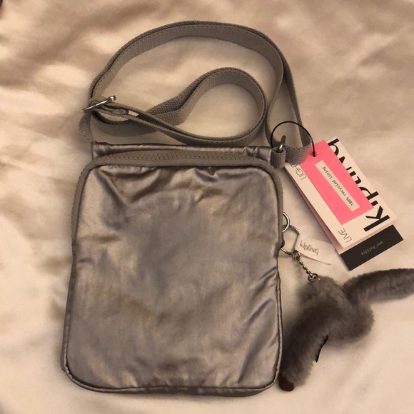 Kipling NWELDORADO Smooth Silver Metallic Crossbody With Monkey Key Chain NWT - Picture 9 of 16
